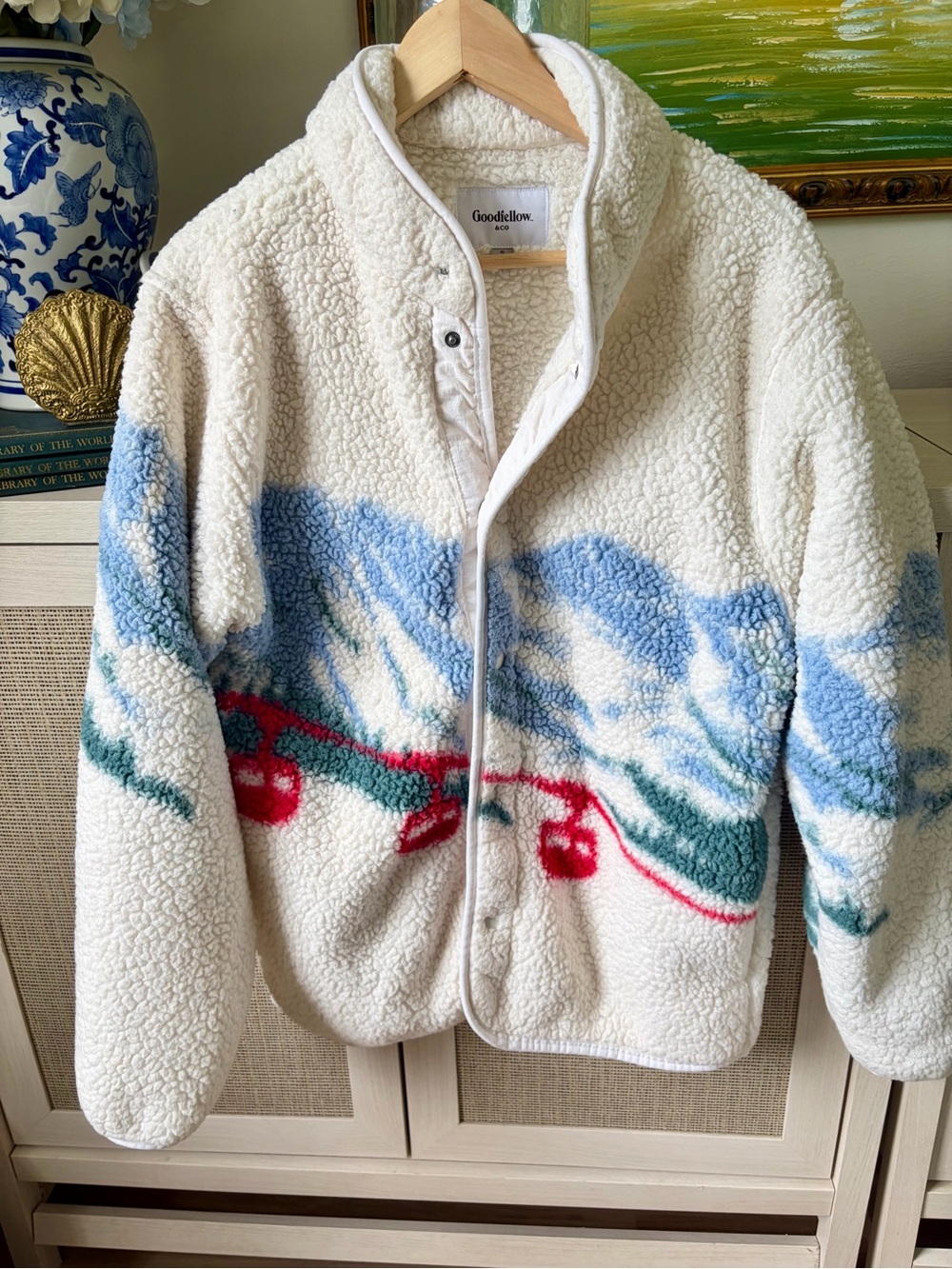 Goodfellow & Co Cream Sherpa Zip-Up Jacket with Blue, Green & Red Scenic Print - Picture 2 of 7